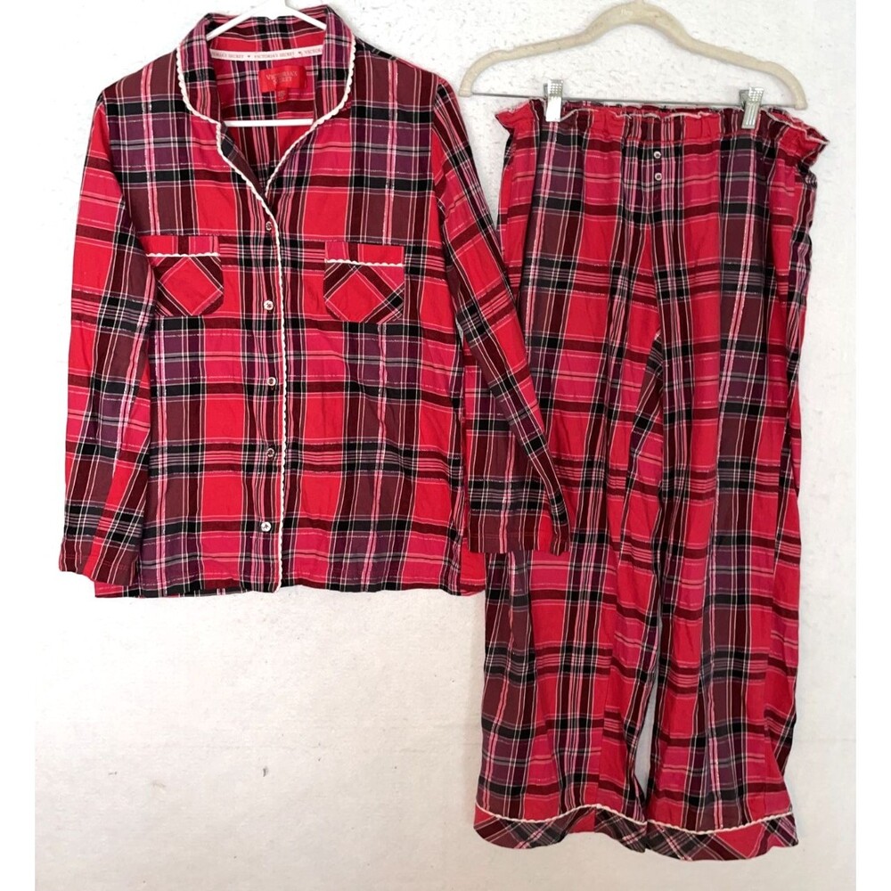 Victoria Secret Flannel Pajama Set Womens M Red Plaid top pant Bling cotton
